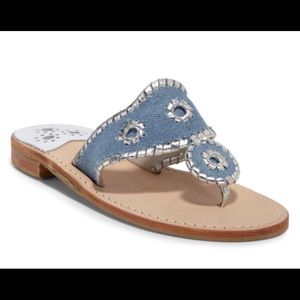 Jack Rogers denim and silver sandal.